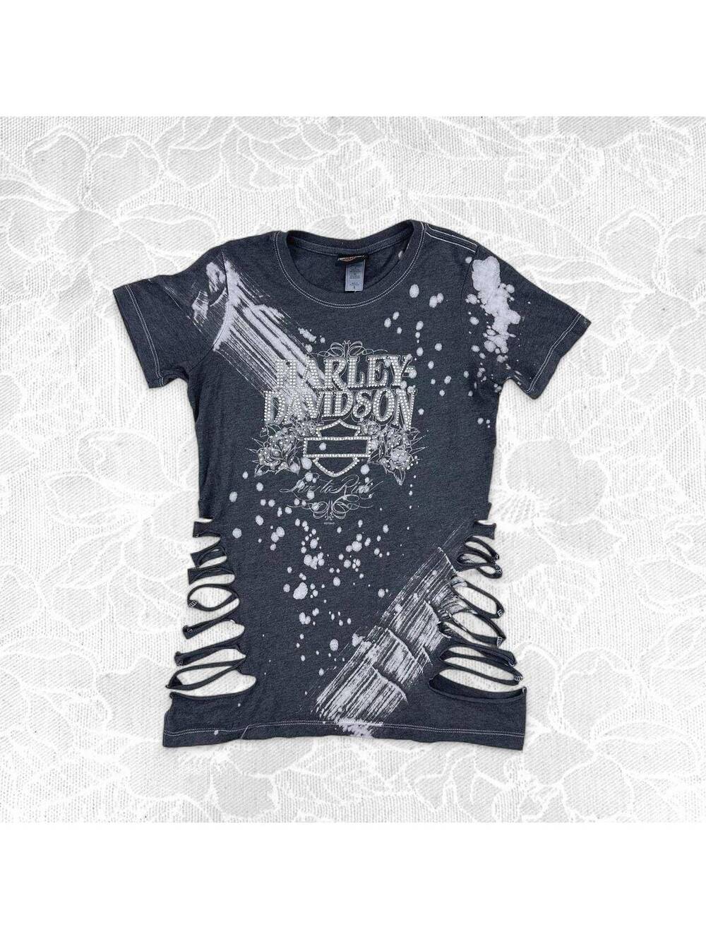 Harley-Davidson Women's Gray Distressed Graphic T-Shirt with Rhinestones - S
